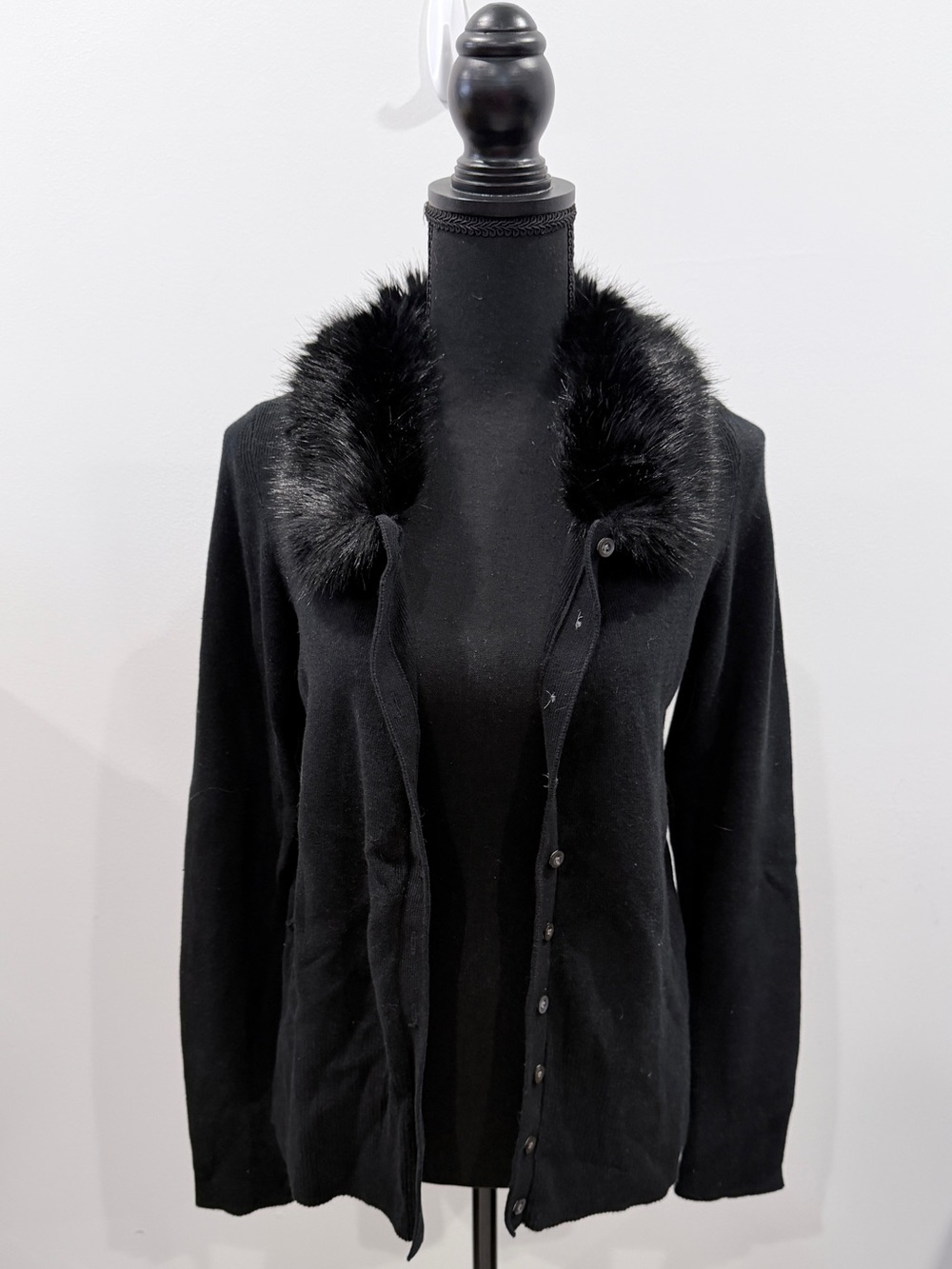 Banana Republic Faux Fur Shawl Collar Cashmere Cotton Black Cardigan